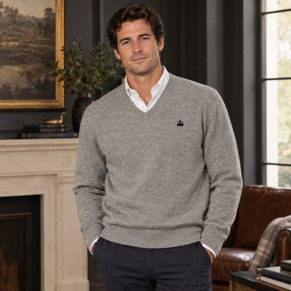 Brooks Brothers Sweater Mens Extra Fine Merino Wool V-Neck Pullover Grey Large